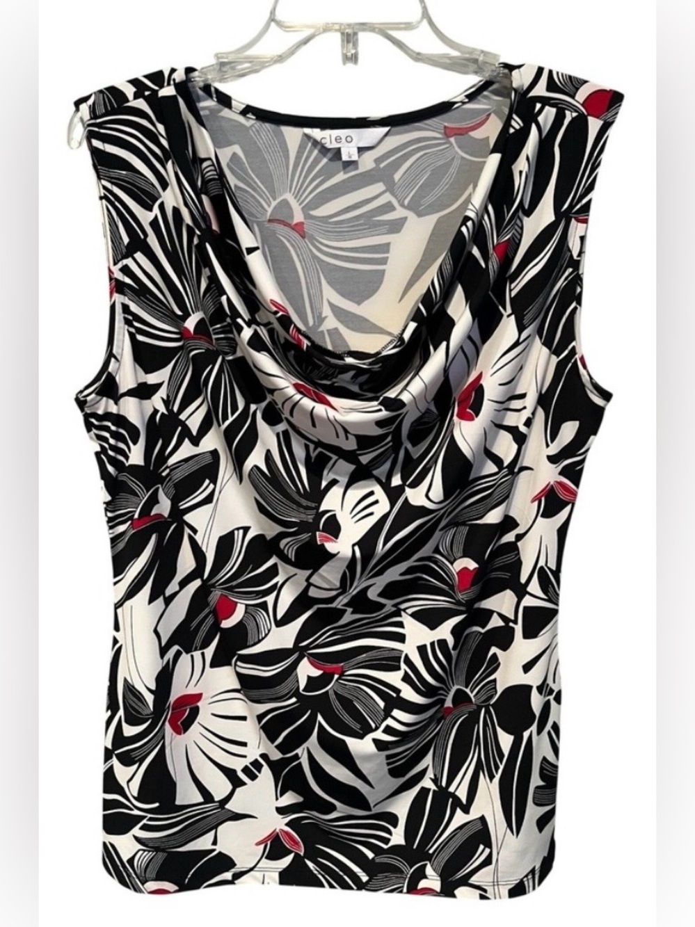 CLEO Abstract Floral Cowl Neck Sleeveless Blouse Top Black White Red